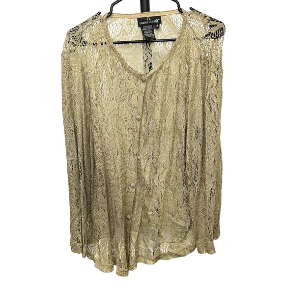 Vintage Carole Little Womens Gold Metallic Open Knit Cardigan Sweater Sz 1X - Picture 1 of 8